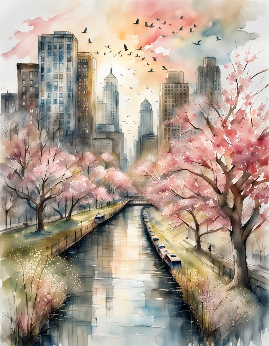 Detroit Sunrise Watercolor Cityscape Illustration