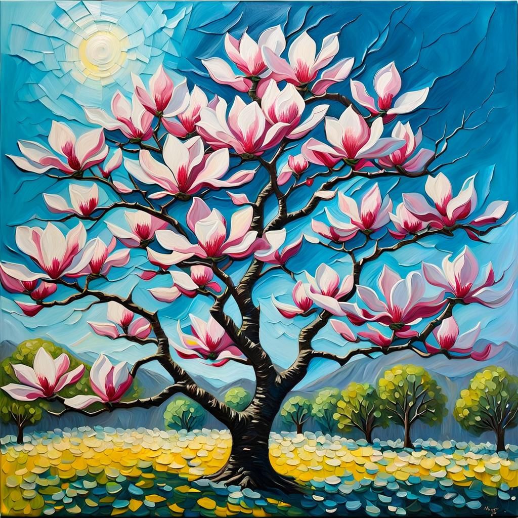 Magnolia Tree in Spring Sunshine: Impasto Acrylic Painting