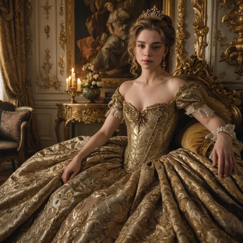 Baroque Woman in Opulent Gown: Photorealistic Portrait
