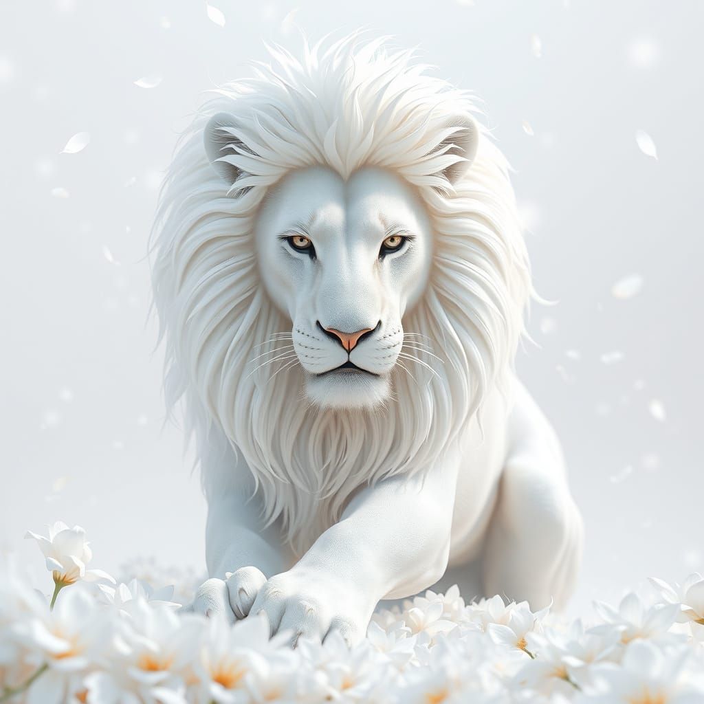Ethereal White Lion in Anime Style with Floral Details