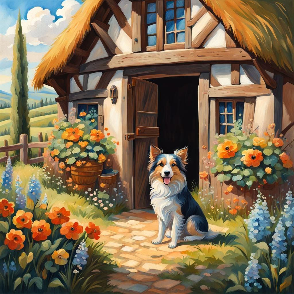 Medieval Farm Cottage with Dog in Gouache Style