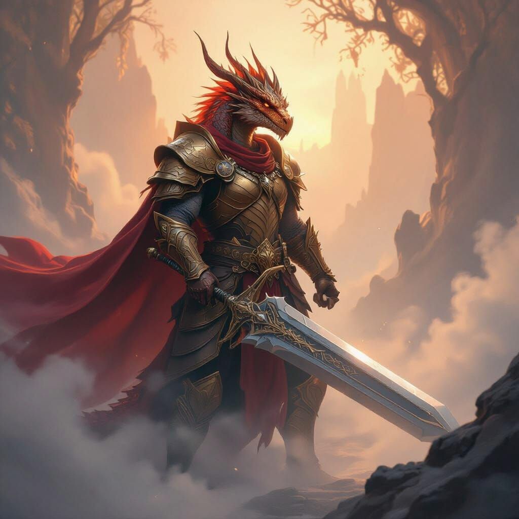 Copper Dragonborn Warrior with Greatsword in Ethereal Mist