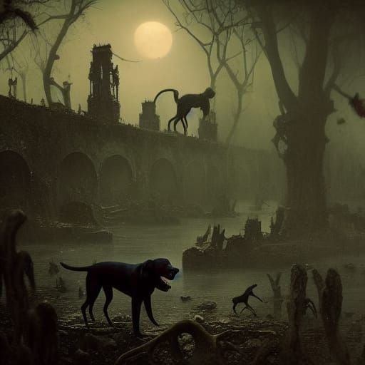 Black Dogs Hunting Spiders: Dramatic Digital Painting