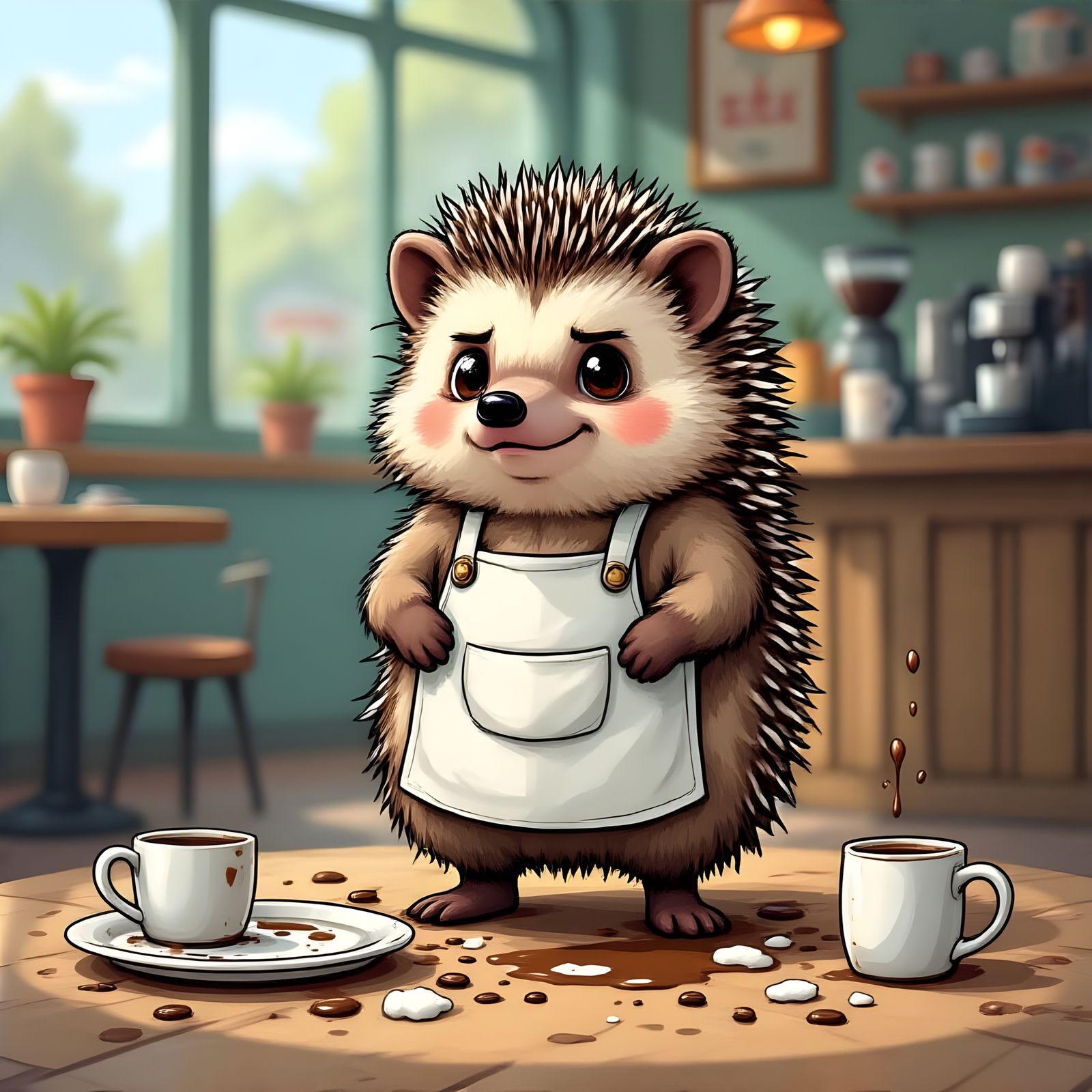 Embarrassed Hedgehog Drops Coffee: Sharp Line Cartoon