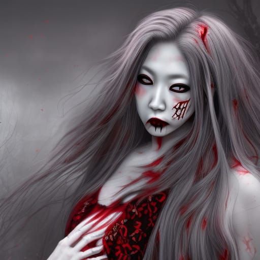 Beautiful Zombie Woman in Kimono, Horror Art