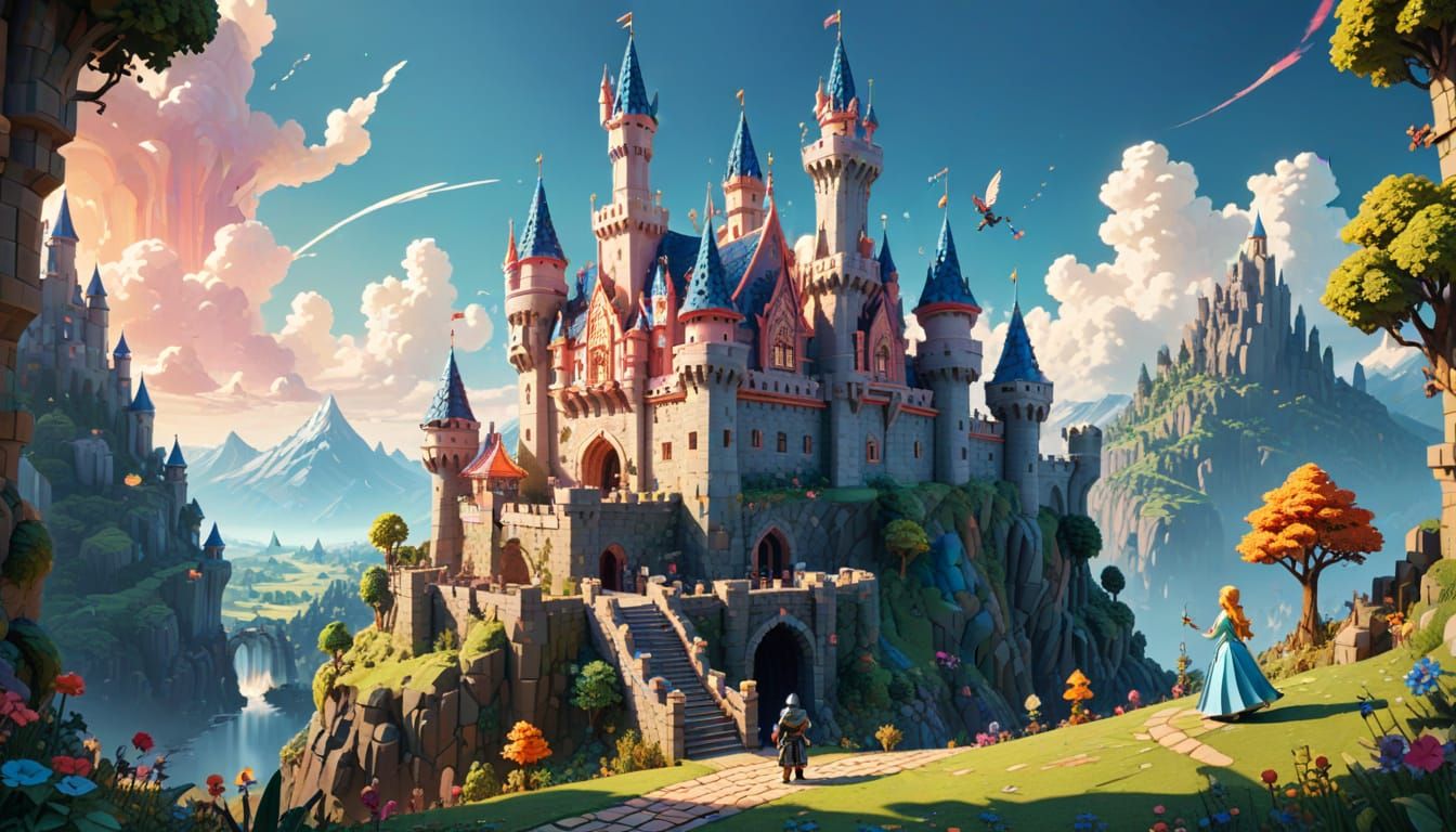 Whimsical Fairy Tale Castle in Voxel Art Style
