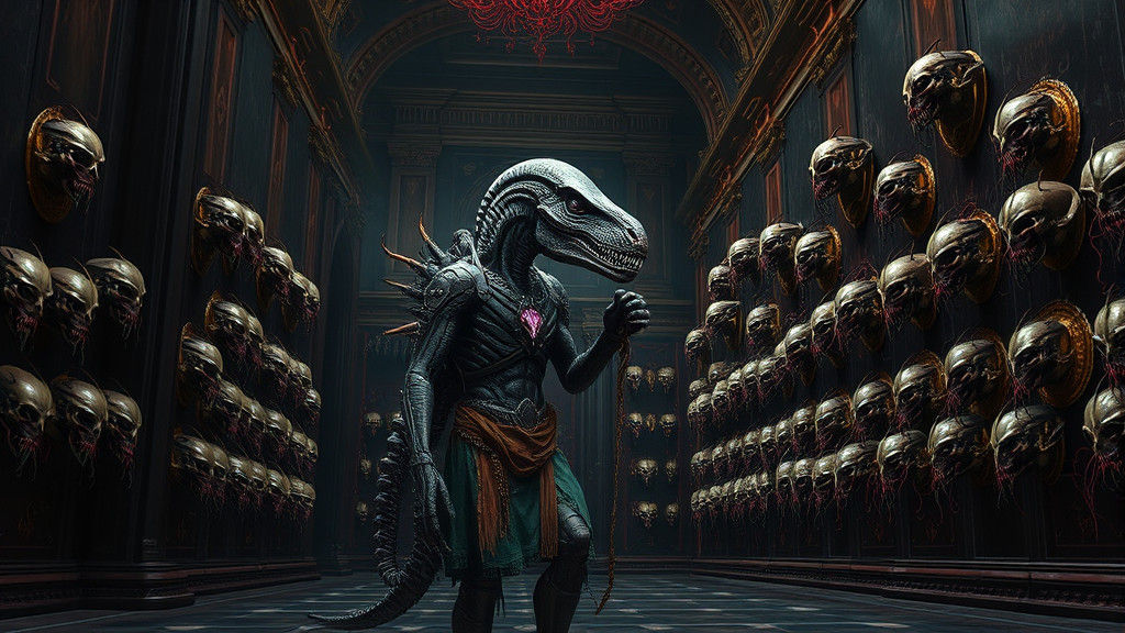 Alien Hunter and Demon in Gothic Surrealist Hall