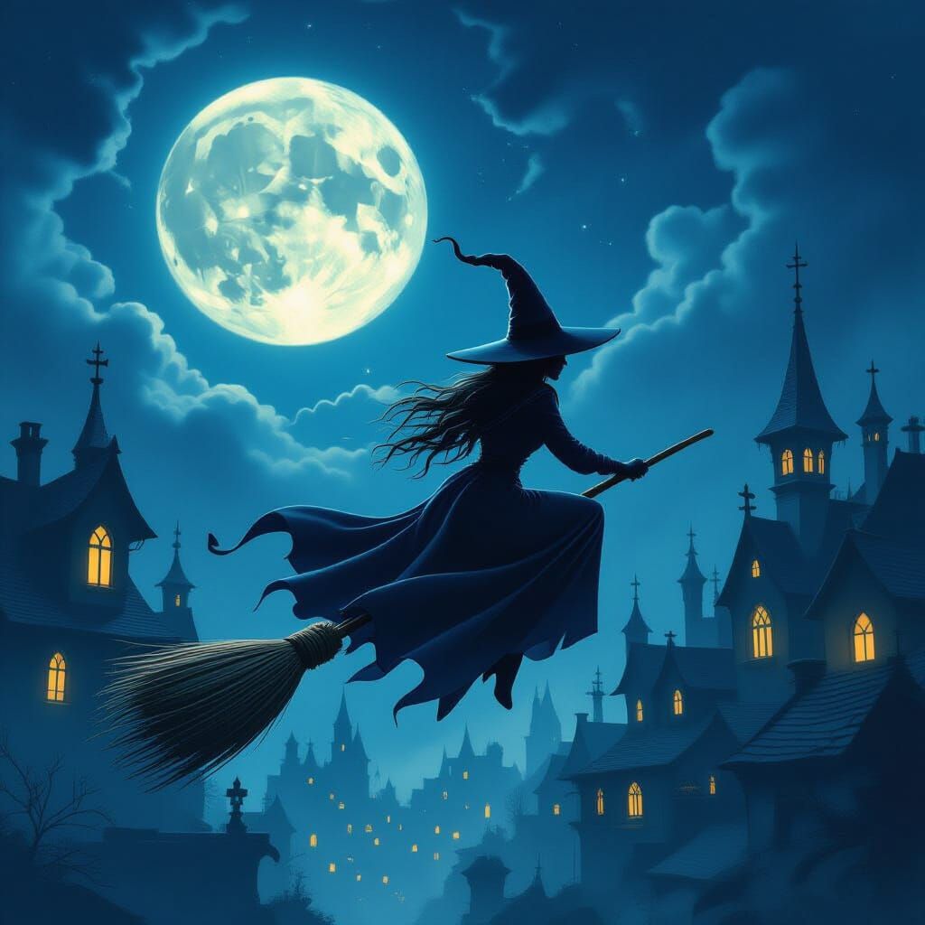 Halloween Witches Flying Over Eerie Village Under Magical Mo...