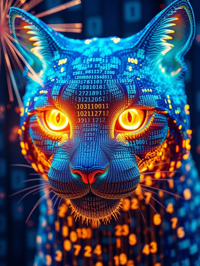 Bioluminescent Cat Face Sculpture of Digital Code
