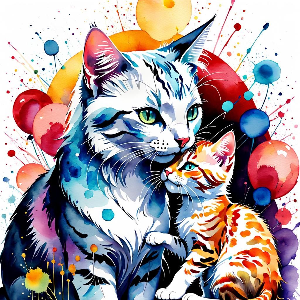Mother Cat and Kitten at the Circus as Watercolor