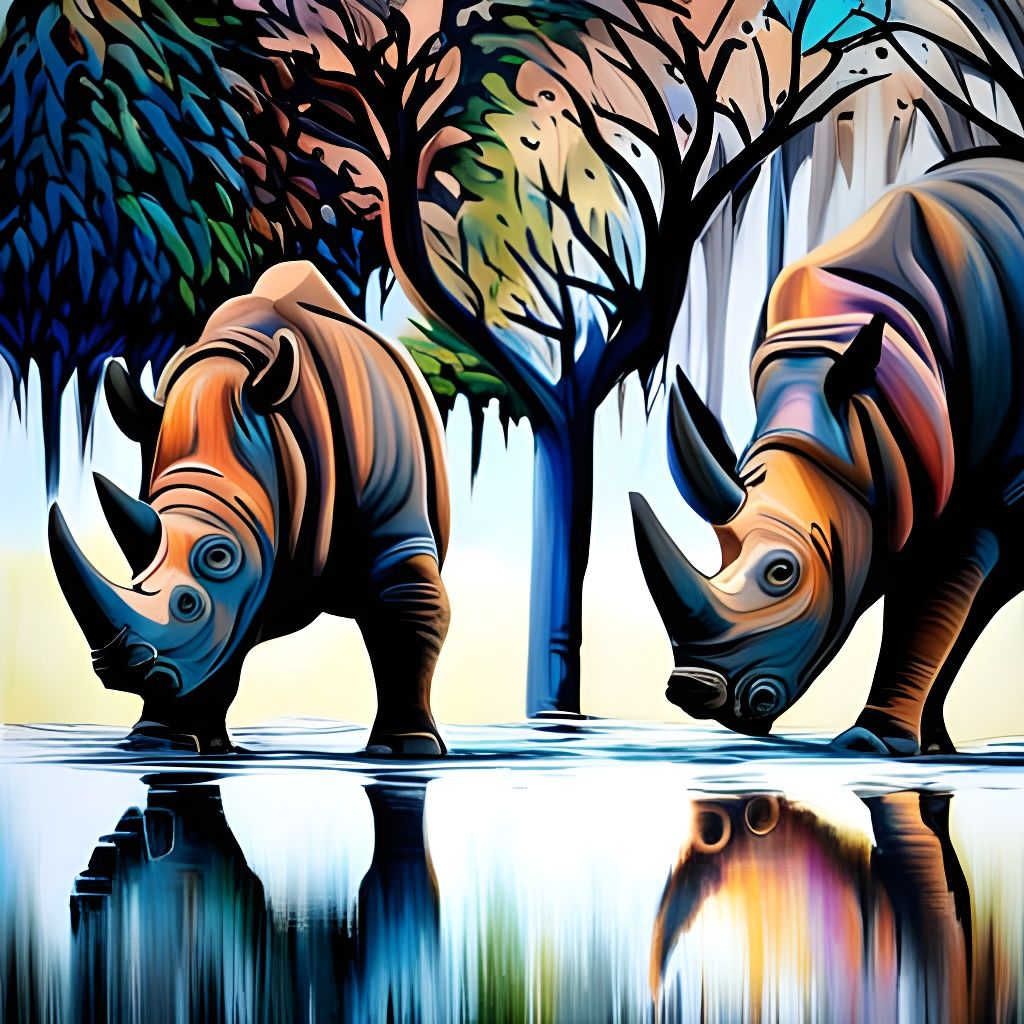 Rhino Portrait in African Savannah Graffiti Art