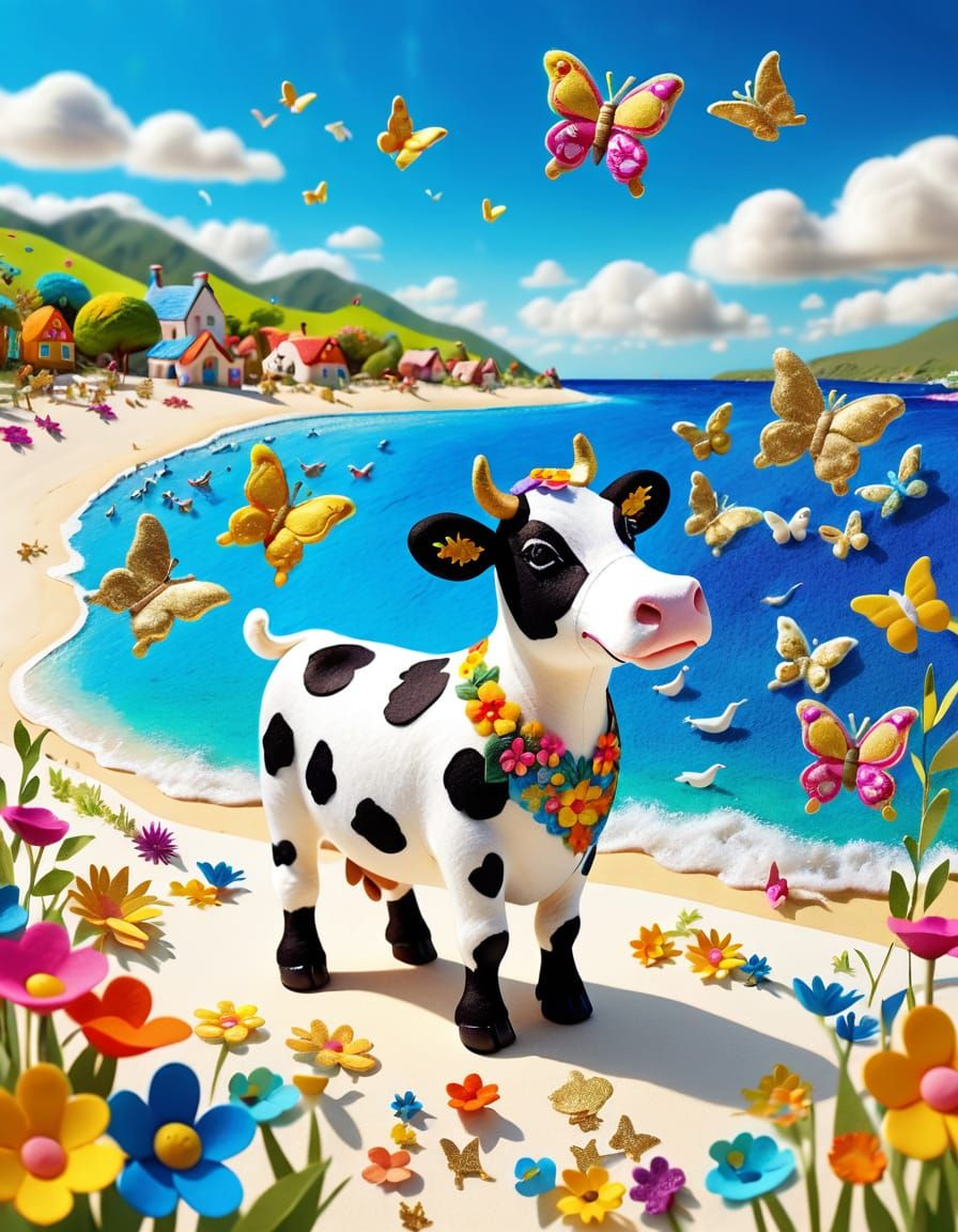 Felt Art Cow on Decorated Beach in Folk Costume