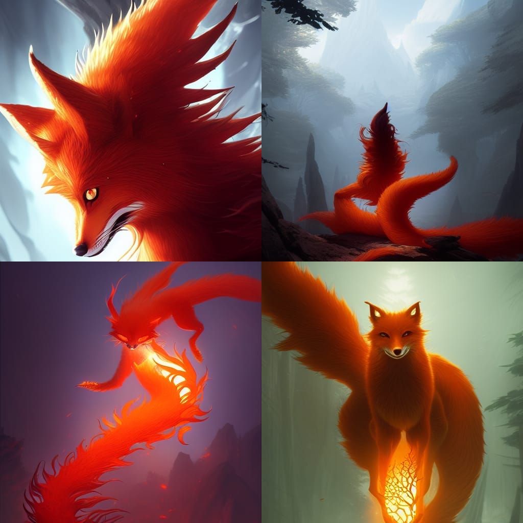 Kurama Nine-Tailed Fox in Dark Fantasy Style