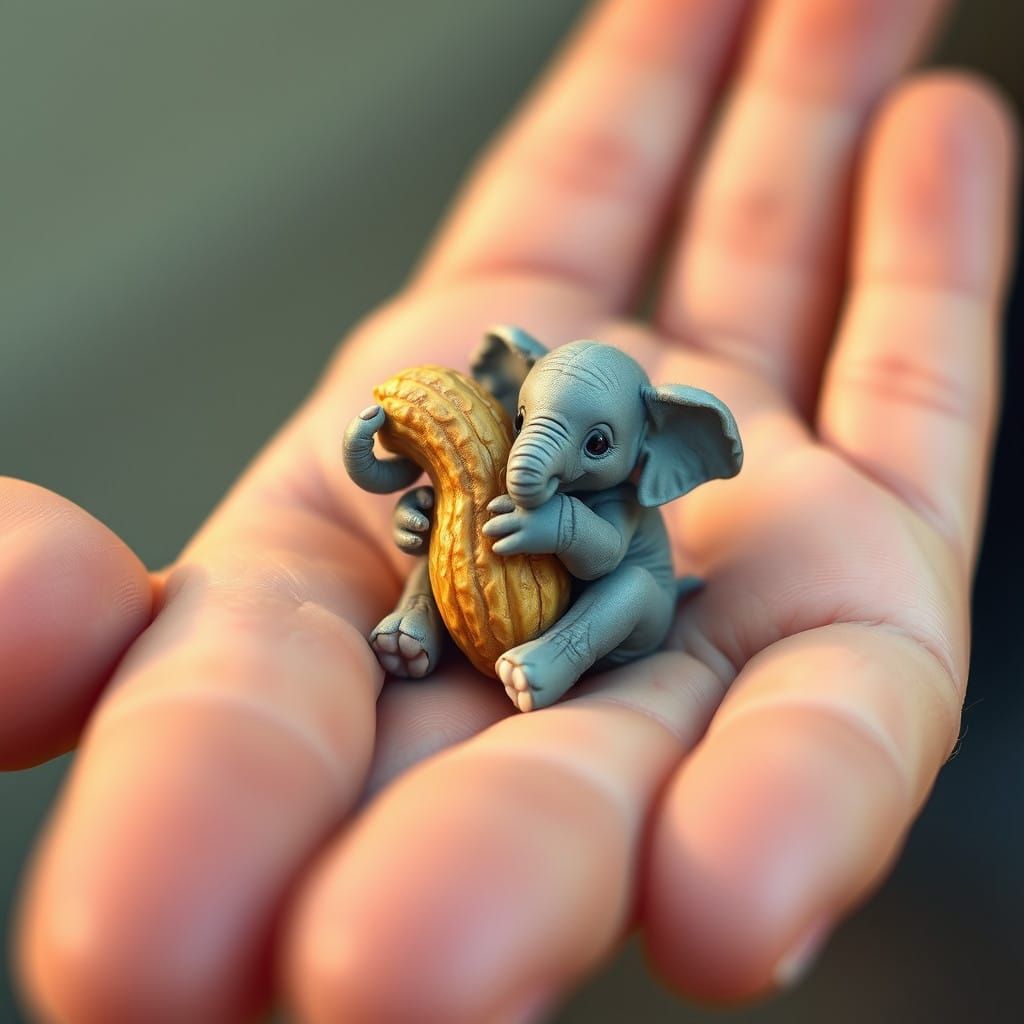 Whimsical Baby Elephant Guards Giant Peanut in Gentle Human...