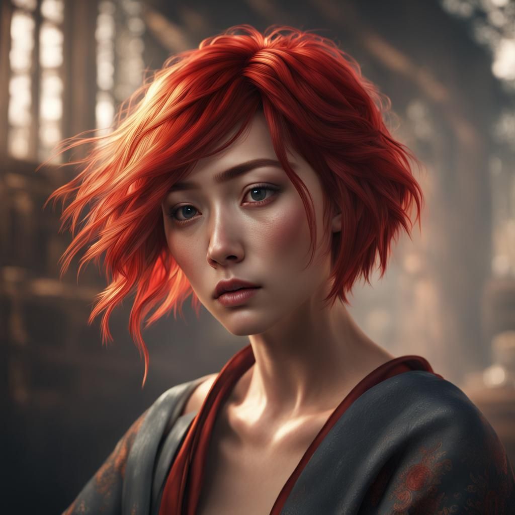 Ultra Realistic Photo of a Red-Haired Asian Woman