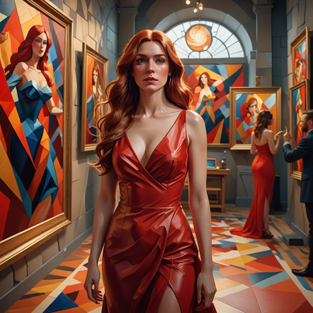 Cubist Woman Painting Self-Portrait in Art Gallery