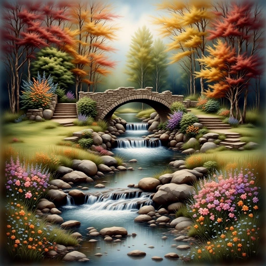 Antique Watercolor Wishing Well Painting