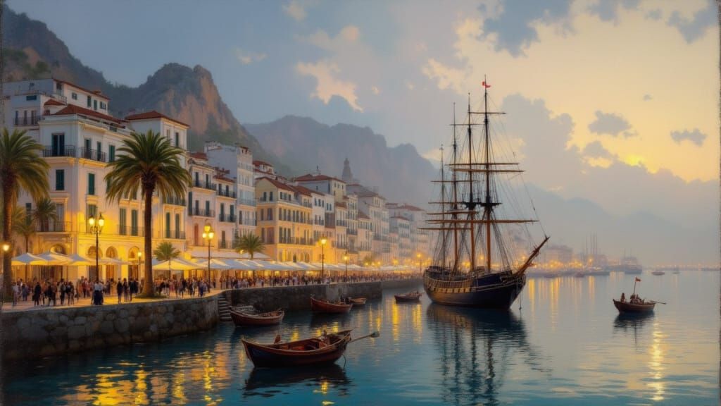 Historic Harbor Scene at Twilight with Sailing Vessels