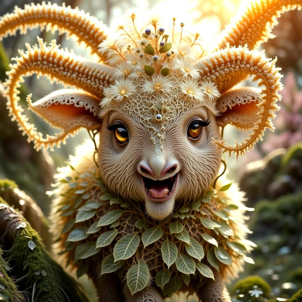 Scared Winged Lamb and Child Escape Cliff Ravine