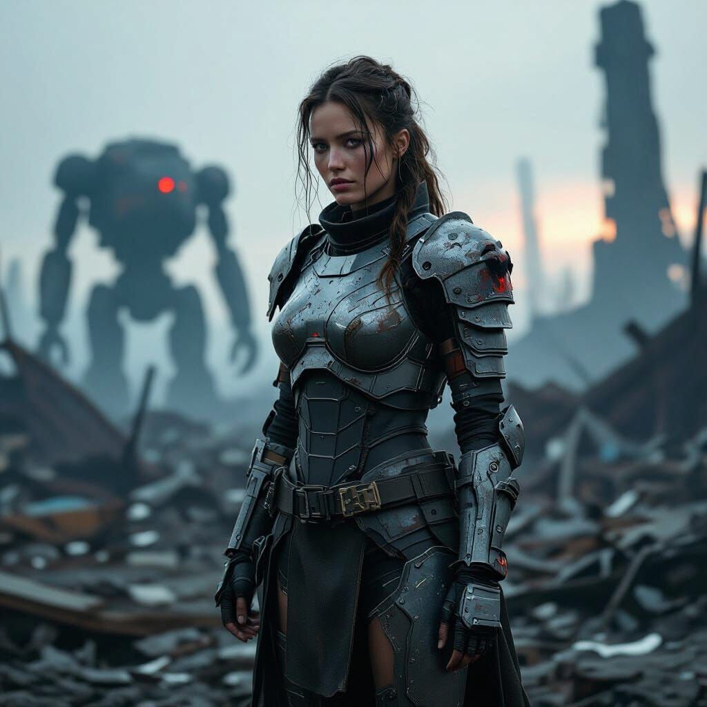 Victorious Woman in Dystopian Cyberpunk Landscape
