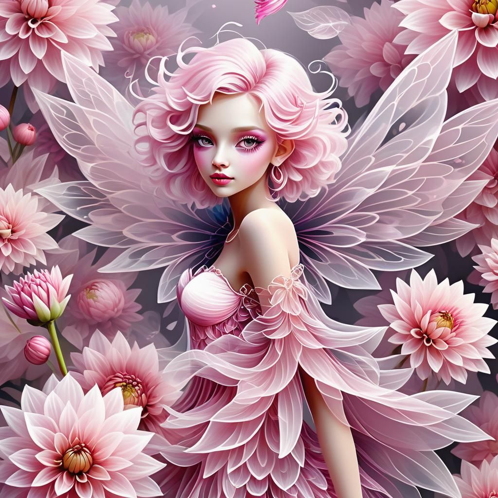 Dahlia Flower Fairy with Transparent Wings
