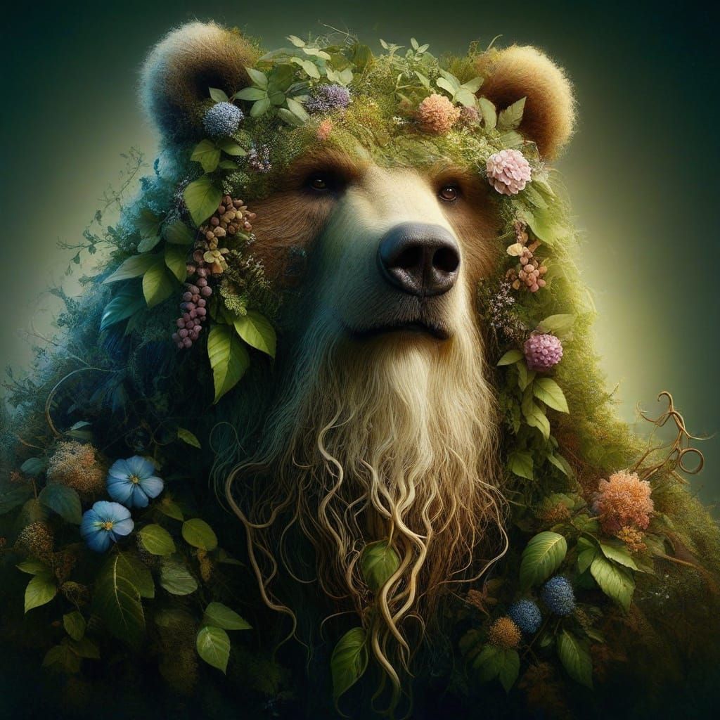 Leafy Forest God Bear Emerges from Verdant Woodland