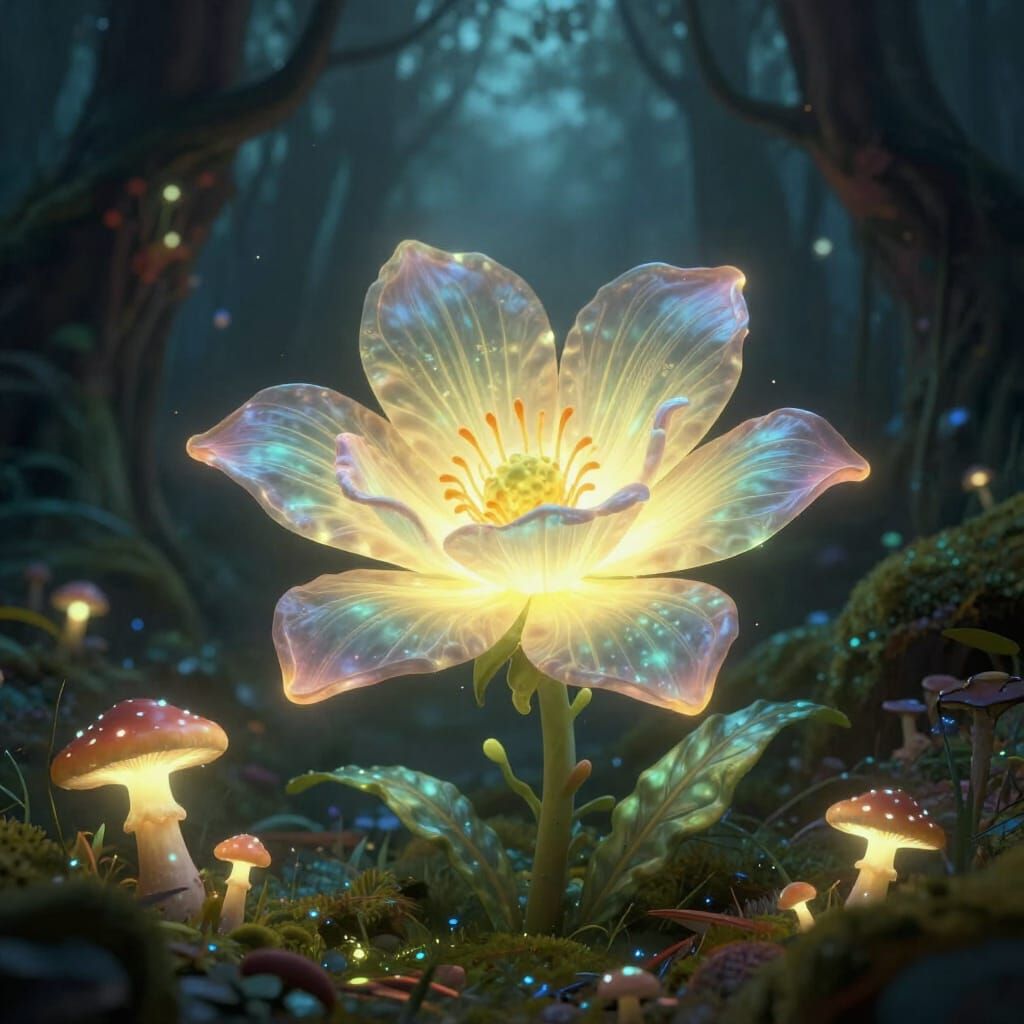 Bioluminescent Flower in Enchanted Forest Clearing