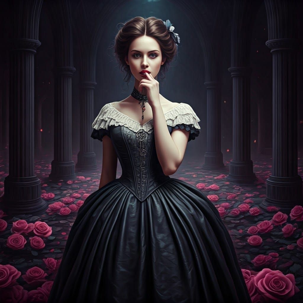 Confident Victorian-Era Beauty in a Whimsical Dreamscape