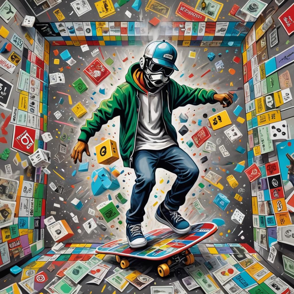 Skateboarder in Life-Sized Monopoly Game: Graffiti Art