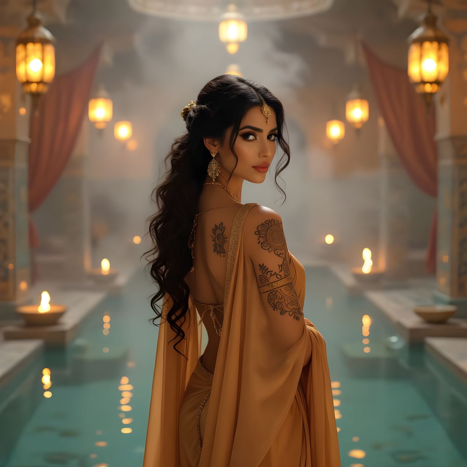 Persian Woman in Gilded Bathhouse with Henna Tattoos