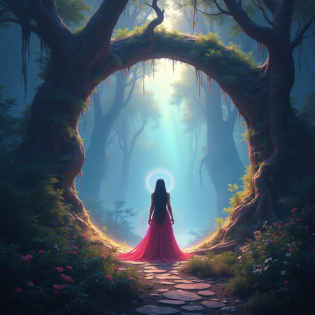 Ethereal Sorceress in Glowing Portal, Fantasy Concept Art