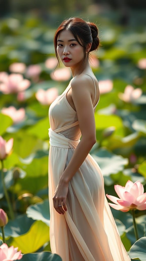 Serene Lotus Garden: Portrait of Vietnamese Woman