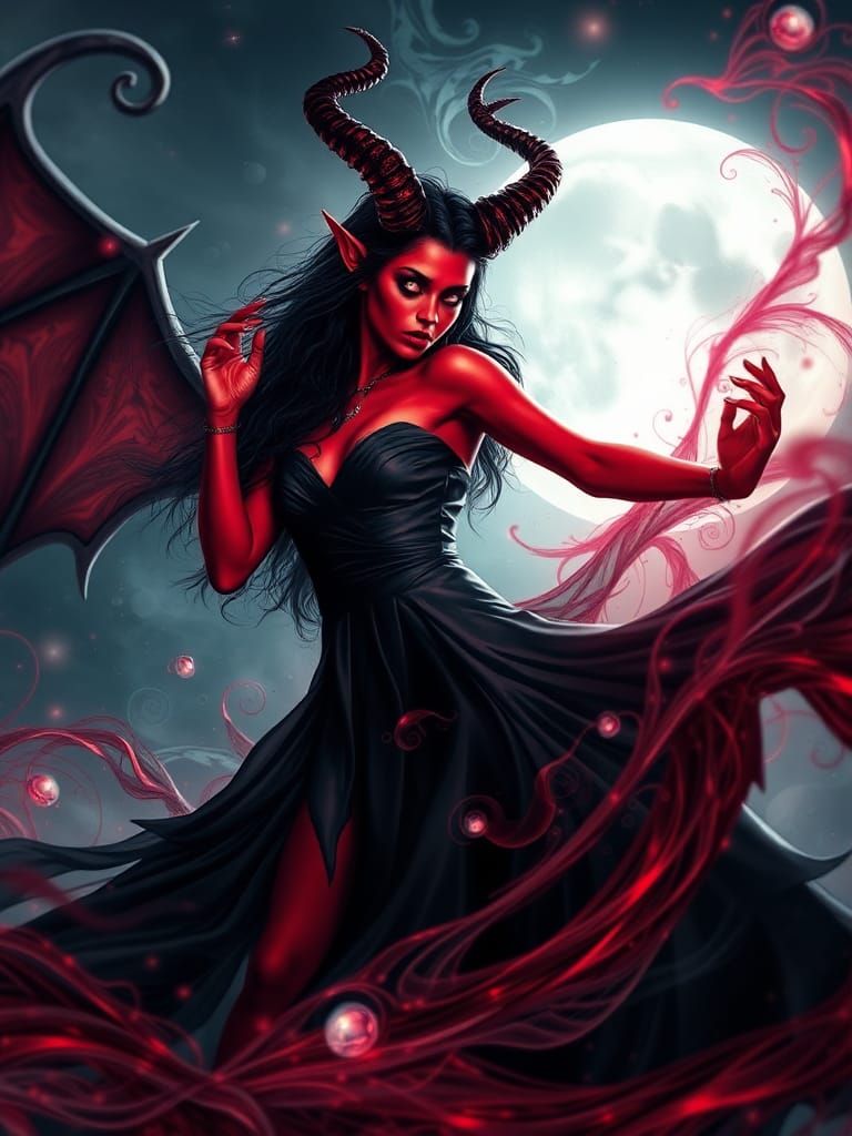 Mystical Tiefling Woman with Swirling Fractals