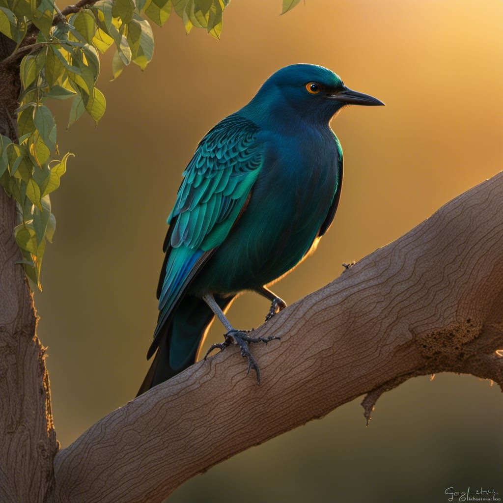 Greater Blue-Eared Starling in Golden Hour Matte Painting