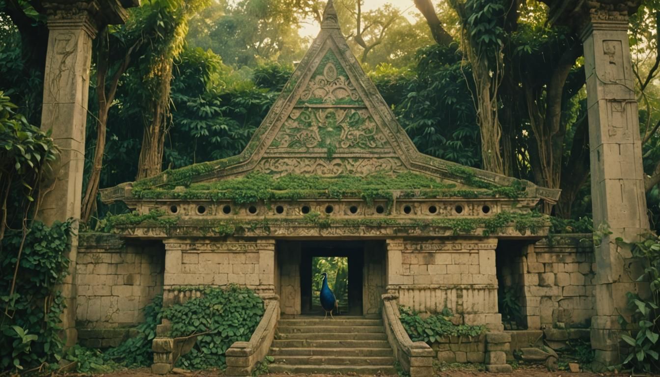 Peacock at Jungle Temple in Cinematic Lighting