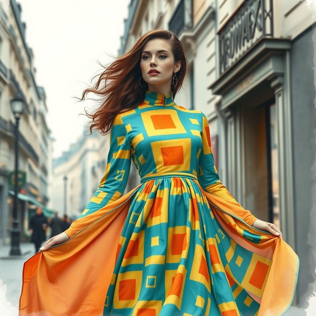 Woman in Elegant Watercolour Dress with Bold Square Patterns