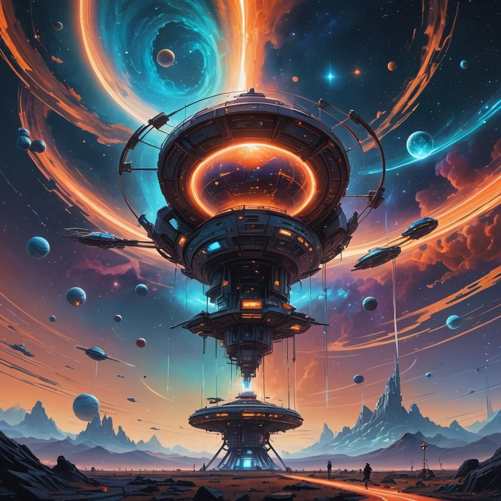 Mystical Space Station in Nebula, Sci-Fi Concept Art