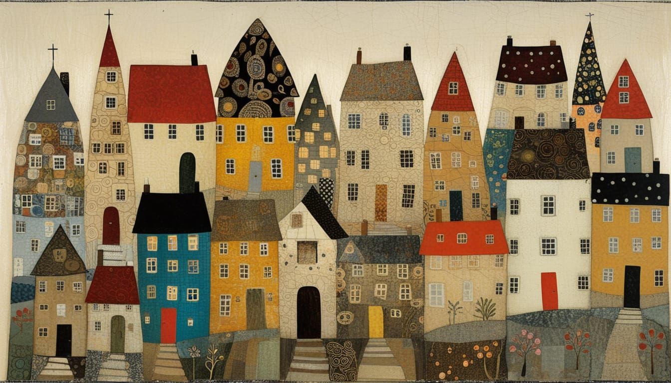 Diverse Houses in Mixed-Media Collage Masterpiece