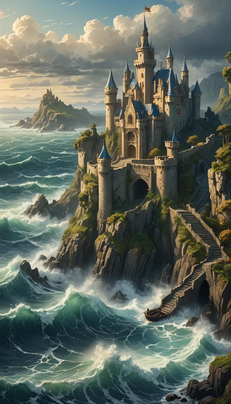 Dramatic Fantasy Castle in Turbulent Sea