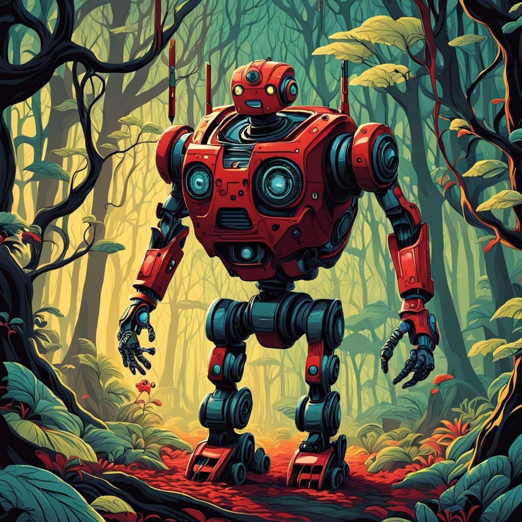 Red Robot Scares Animals in Abstract Fractal Woodland
