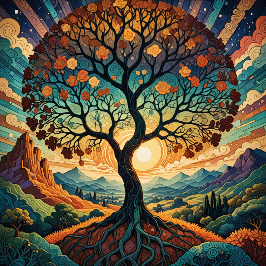 Mystical Earthy Tree Radiates Warm Golden Light