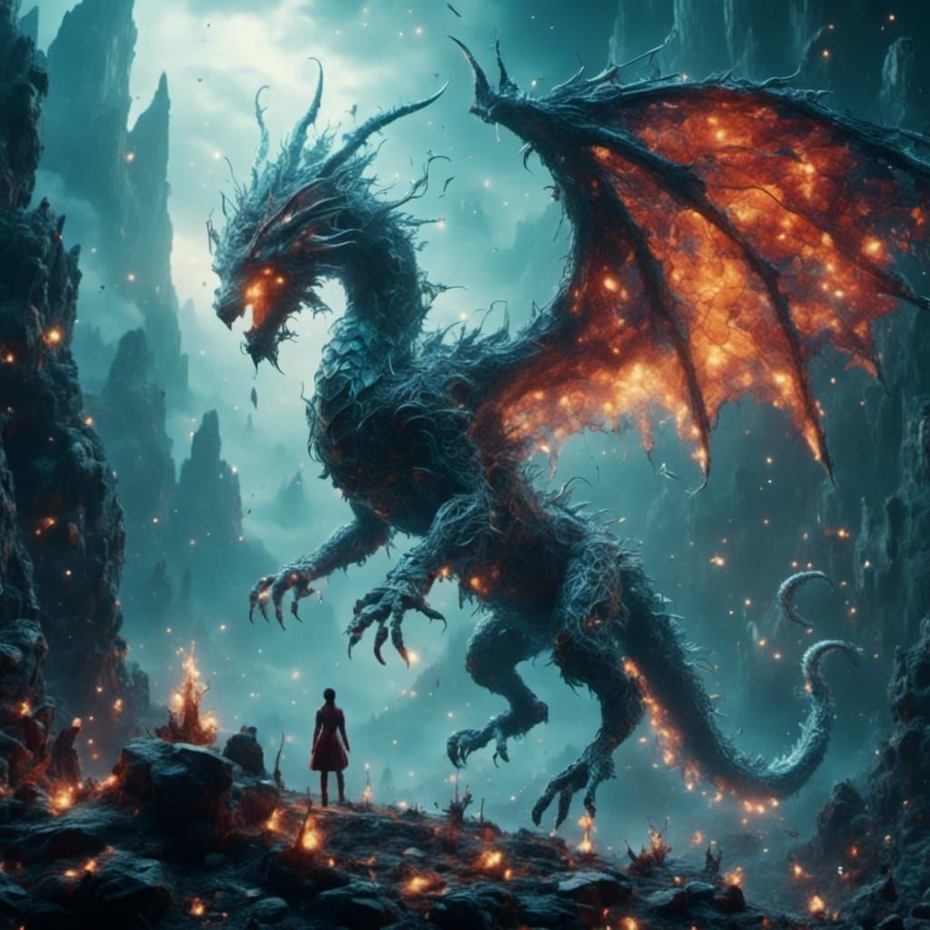 Jeweled Dragon Overlooks Terrified Human in Digital Painting