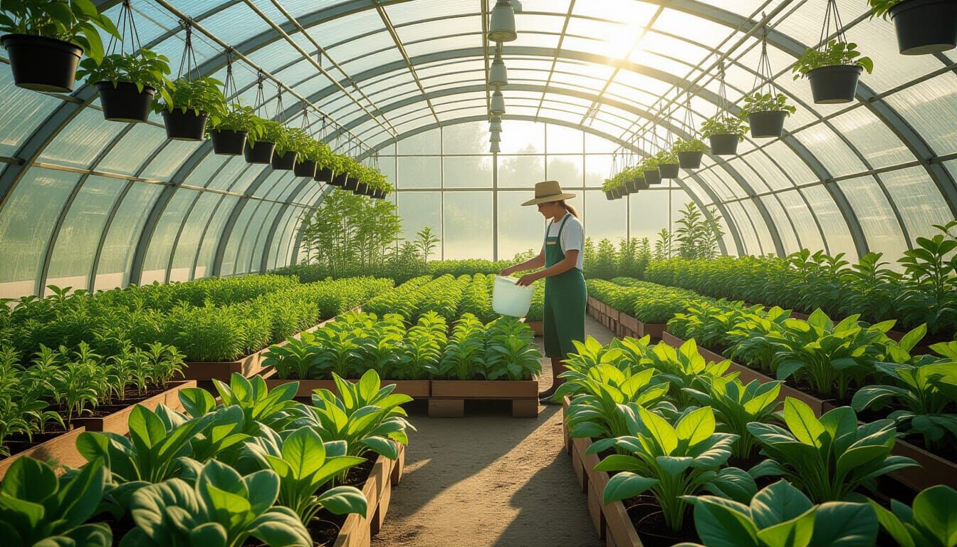 Sustainable Farmer in Futuristic Greenhouse, in Syd Mead Sty...