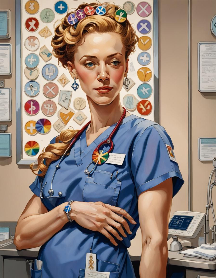 Art by J.C. Leyendecker, a medical professional in scrubs adorned with rainbow pins and a subtle trans symbol necklace, ...