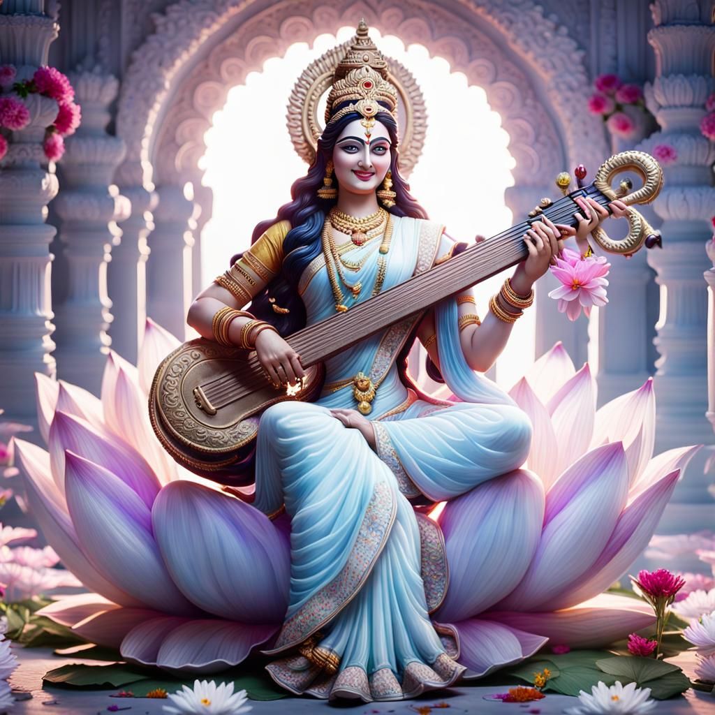 Hyperrealistic devine goddess Saraswati with a smile sitting inside a very beautiful temple in India decorated with colo...