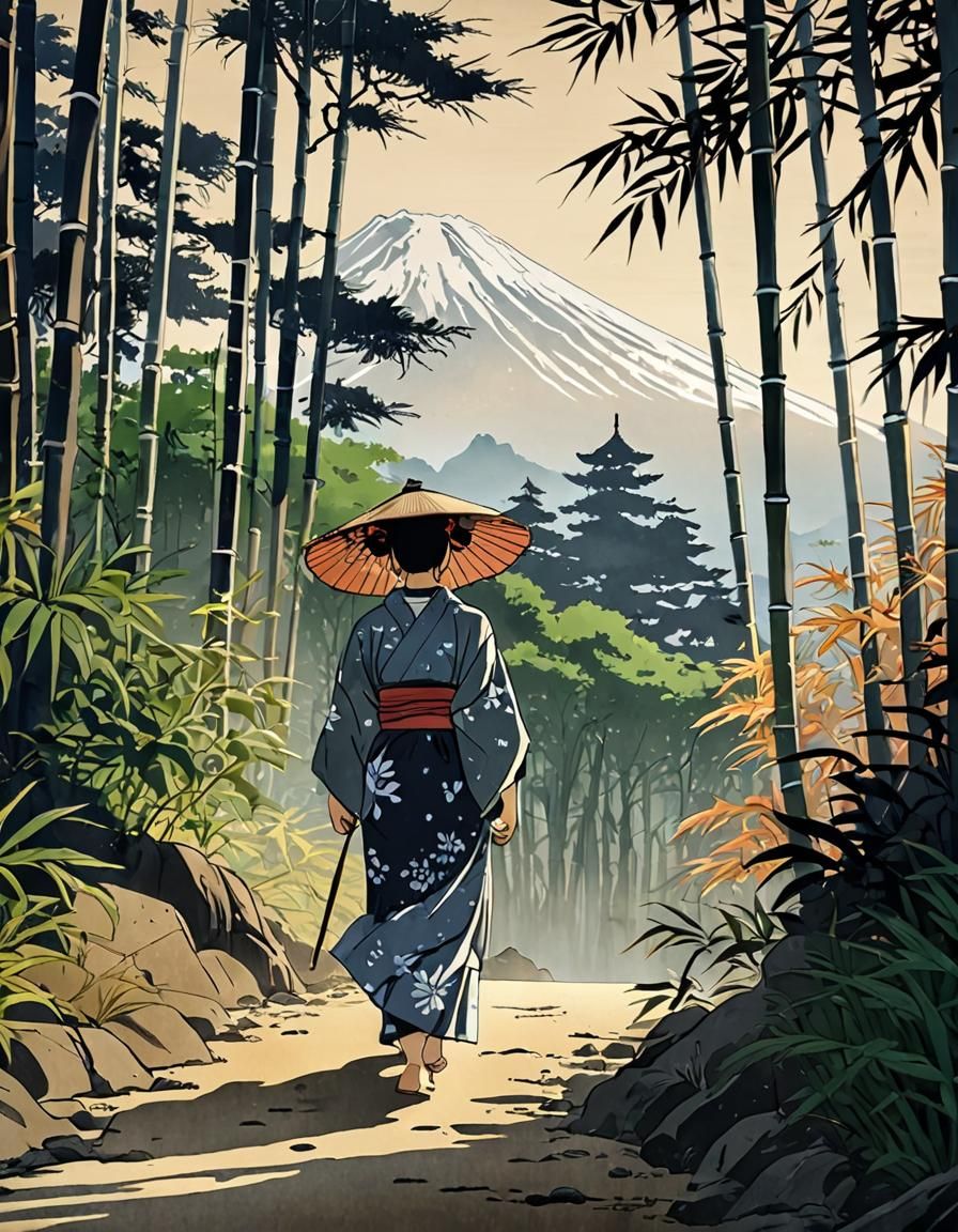 japanesse woman walking
 in a bamboo forest, Mt fuji backgro...