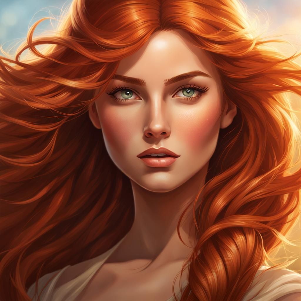 Red-Haired Beauty Portrait by Rutkowski, Artgerm, and Mucha