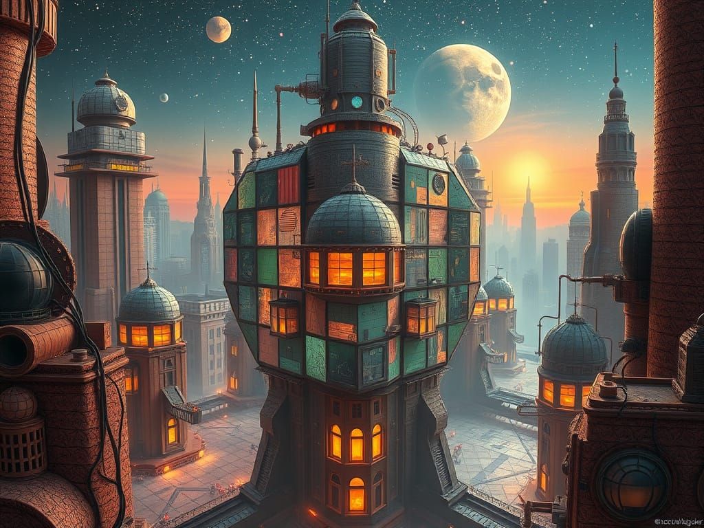 Retrofuturistic Arcology Cityscape with Decopunk Spacecore I...