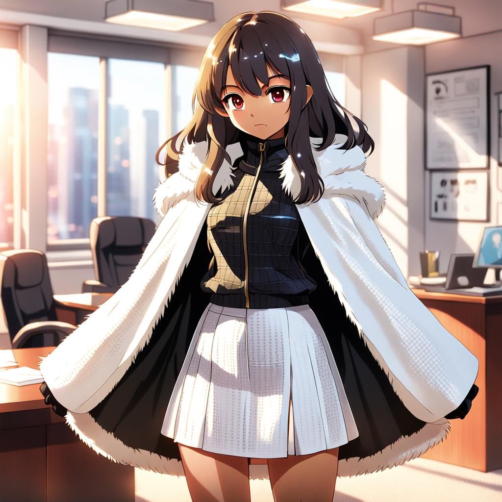 Anime Woman in Fur Cloak and Tweed Skirt