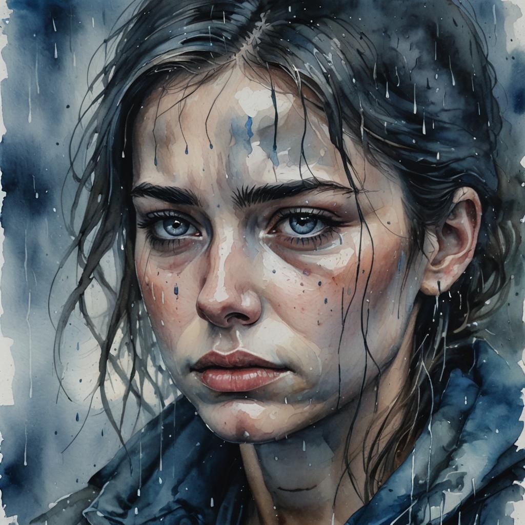 Melancholic Woman in Rain: Expressive Watercolor Portrait